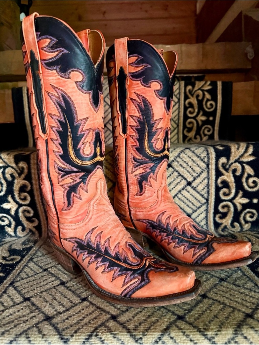 LUCCHESE DESTROYED GOAT LEATHER EAGLE STITCHED ORANGE COWBOY BOOTS, size 6